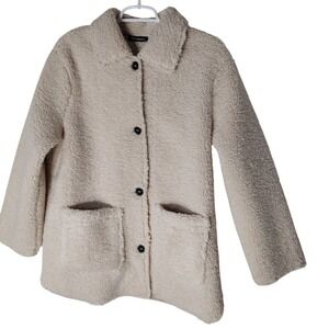 Pretty‎ Garden Sherpa Fleece Coat Jacket Button Up Cream Pockets Womens Small
